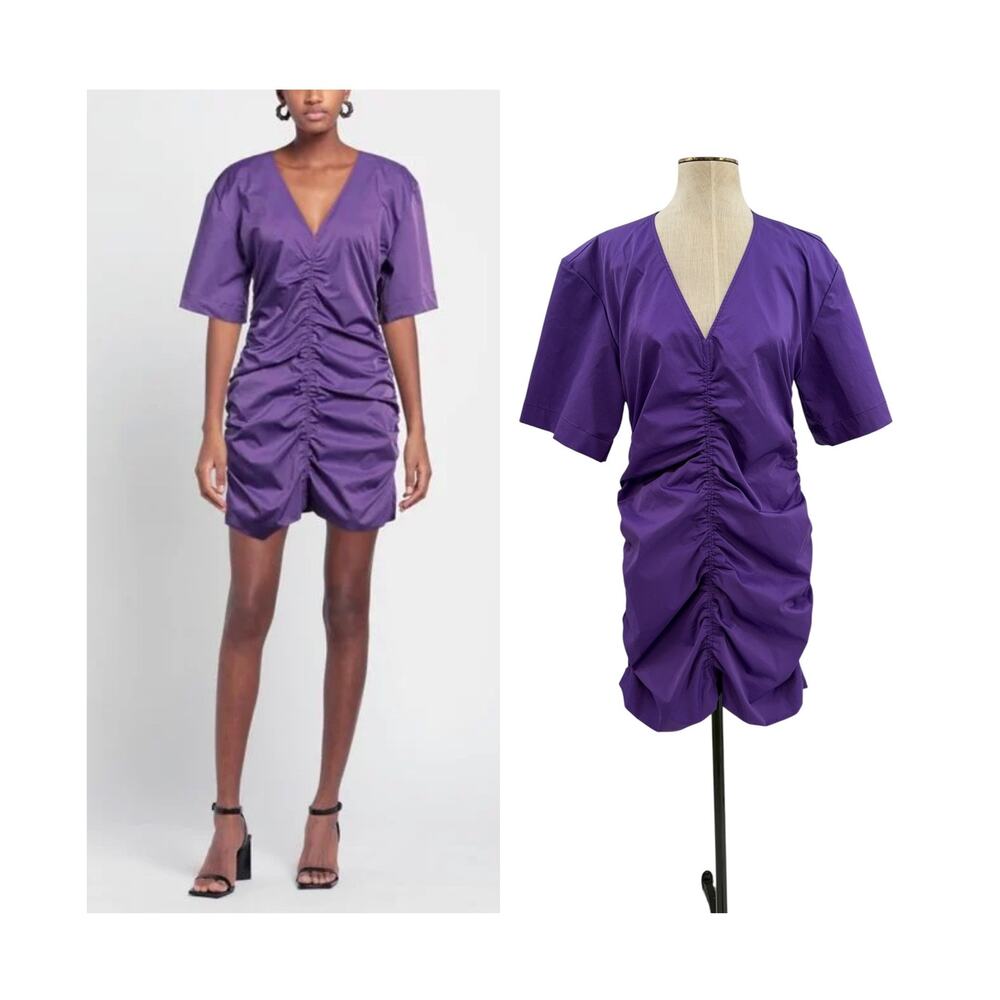 Sandro Purple Ruched Mini Dress V Neck Short Sleeve Bodycon Size 42 US‎ 10